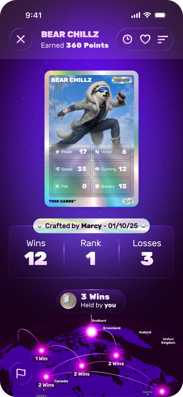 Trek app: a card crafted by another player, held by you